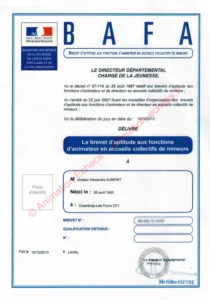 Diplôme BAFA d'Alexandre Aumont