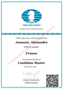 Titre de Candidat Maître FIDE d'Alexandre Aumont