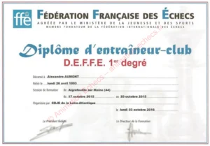 Diplôme d'Entraîneur de la Fédération Française des Échecs d'Alexandre Aumont