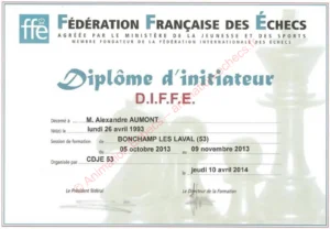 Diplôme d'Initiateur de la Fédération Française des Échecs d'Alexandre Aumont