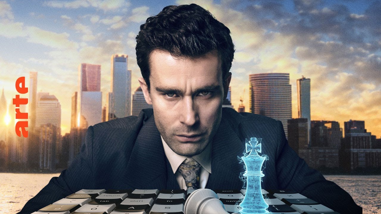 Affiche de la série Rematch sur Arte : un homme en costume devant un échiquier stylisé