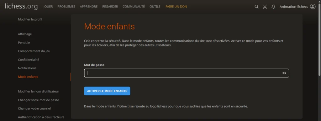 Présentation du mode enfant du site Lichess.org