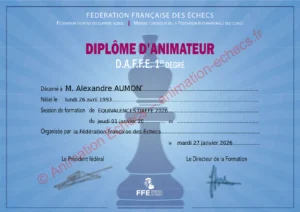 Diplôme d'Animateur de la Fédération Française des Échecs d'Alexandre Aumont